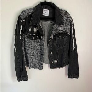 Black Distressed Cheetah Denim Jacket by White Birch Size Large